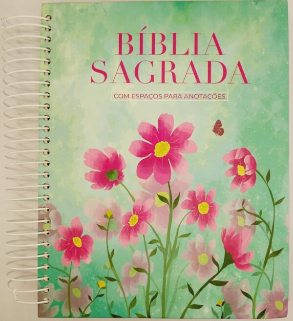 Bíblia em espiral capa rosa com flores